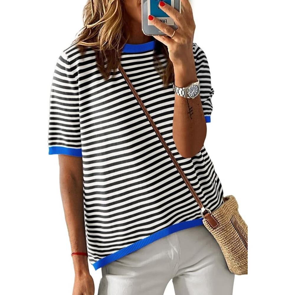 Womens Striped Knit Top Blue Trim Short Sleeve Casual Summer Blouse 2XL